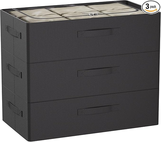 CYhom 3Pcs Under Bed Storage Bins with Metal Frame - Shoe Organizer for Closet with Clear Cover Oxford Fabric Sturdy Underbed Container Foldable Stackable Clothes Organizer (Black, 23.5x11.8x6.3)