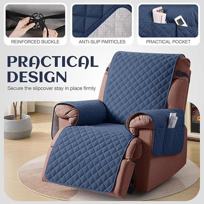 KinCam 100% Waterproof Recliner Chair Cover, Reclining Couch Covers for Pets, Dogs, Recliner Couch Slipcover Furniture Protector with Elastic Straps for Kids(28", Blue)