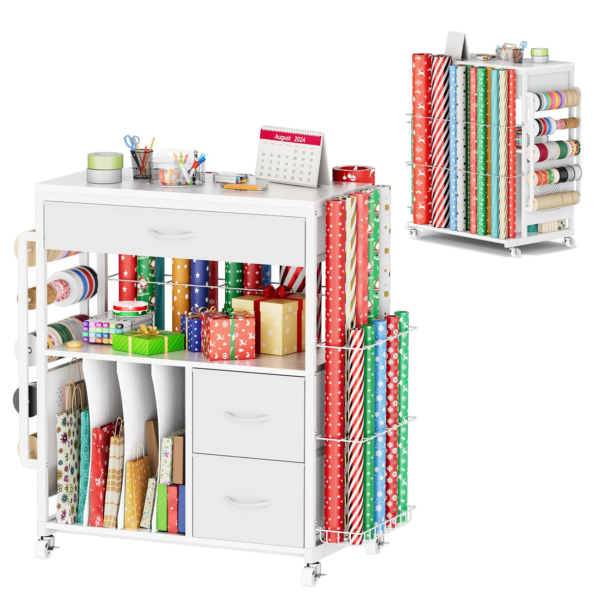 MAX Wrapping Paper Storage Cart, Up to 30 Rolls, White - Image 1