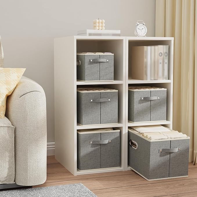 Fabric Open Storage Bins with Metal Handles, Collapsible Organizer Baskets, Foldable Cube Boxes for Shelves, Closet, Living Room, 10.2x7.9x6.7in, Grey, 4 Pack