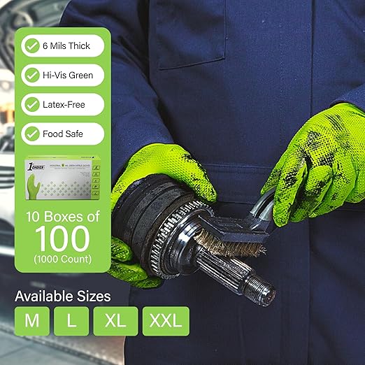 1st Choice 6 mil Green Gloves, Disposable, Latex Free, Raised Diamond Grip, Mechanic Glove for Men, Large, Case of 1000
