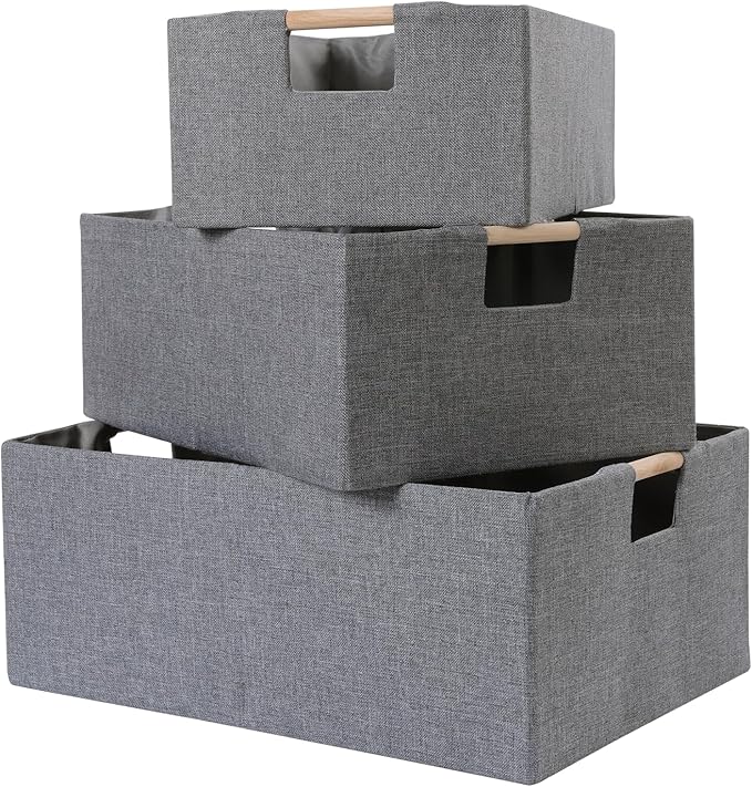 ANMINY 6PCS Storage Baskets for Organizing Collapsible Fabric Storage Bins Boxes with Wood Handles Closet Shelves Cube Organizer Bins Clothes Laundry Storage Container - Large, Gray