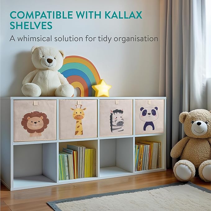 Navaris Toy Storage Boxes - Kids Bedroom Cube Baskets w/ Pull-Out Loop - Fabric Collapsible Box Drawers Unit for Shelves - Compatible with Ikea Kallax Inserts - Set of 4 Animals