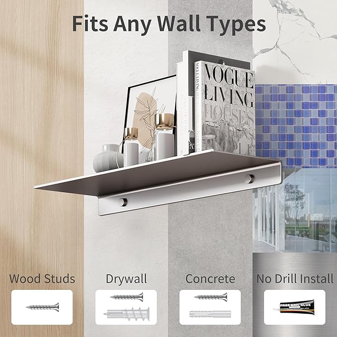 Adhesive Floating Shelves — 16" Grey Metal, Set of 2