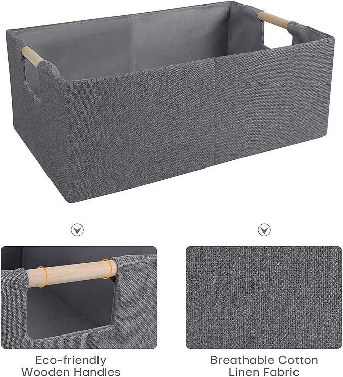 ANMINY 4PCS Storage Baskets for Organizing Collapsible Fabric Storage Bins Boxes with Wood Handles Closet Shelves Cube Organizer Bins Clothes Laundry Storage Container - Medium, Gray