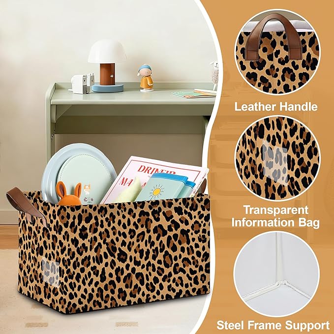 Storage Bin with Handles, Leopard Print Collapsible Laundry Baskets for Books, Laundry - Use in Nursery, Closet Organizers and Storage, Blanket Basket