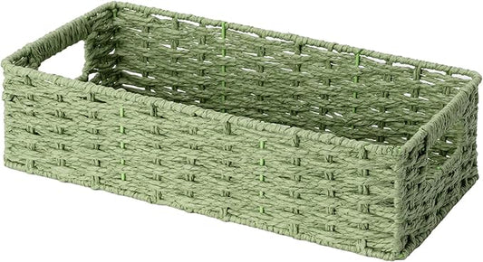 StorageWorks Small Wicker Toilet Basket Tank Topper with Built-in Handles, Toilet Paper Baskets for Back of Tank, Paper Rope Bathroom Basket Organizer and Storage for Sage Green Bathroom Decor, Green