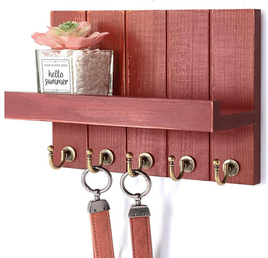 Rebee Vision Pine Wood Key Holder Wall Mount – Rustic Key Holder for Wall with Shelf for Mail & Apartment Essentials – Perfect for Farmhouse Decor (Red,3.54" D x 10" W x 7.28" H)