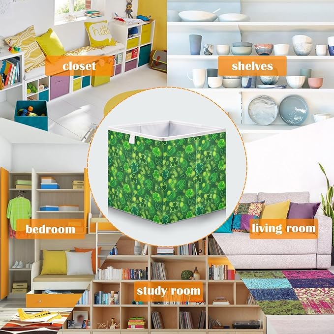Bolaz Green Clover St Patricks Day Closet Organizers Storage Cubes Storage Bins Shelf Baskets Containers for Home Room Office,Square