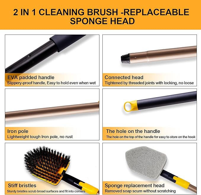 Yocada Tub Tile Scrubber Brush 2 in 1 Cleaning Brush 58.2" Adjustable Telescopic Pole Stiff Bristles Scouring Pads for Cleaning Bathroom Kitchen Toilet Wall Tub Tile Sink with Totally 5 Pads