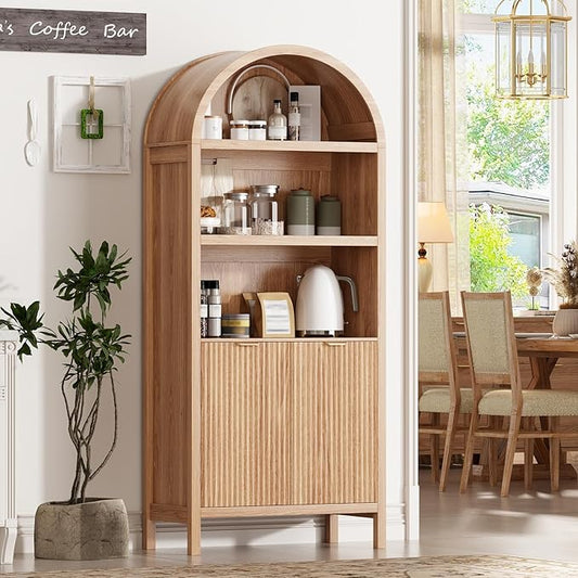 71" Tall Arched Kitchen Pantry,Modern Fluted Wood Storage Cabinet with Doors,Adjustable Shelves,Organizer, Versatile Cupboard for Kitchen,Living Room,Dining Room,Bathroom,Wood