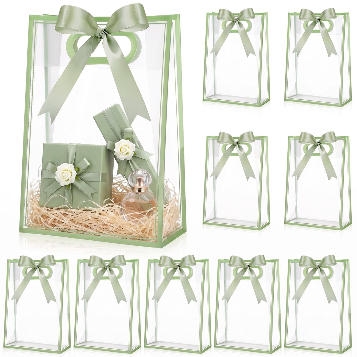 Aliceset 12 Pcs Clear Plastic Gift Bag with Handles,Sage Green - Image 1
