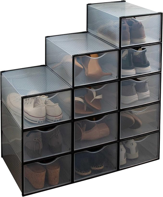 Simplify Set of 12 Stackable Shoe Boxes | Customizable | Fits Size 11 Shoes | Drop Front Design | Closet Storage | Sneakers | Heels | Clear and Black