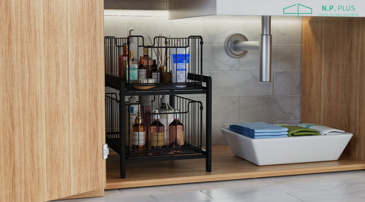 NPPLUS 2 Tier Black Under Sink Organzier With Sliding Drawer - Image 8