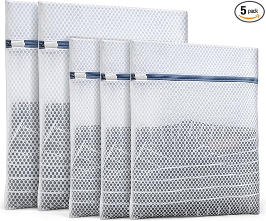 Heavy-Duty Honeycomb Mesh Laundry Bags, 5-Pack (3×12x16" + 2×16x20"), Delicates Protector for Lingerie & Baby Clothes