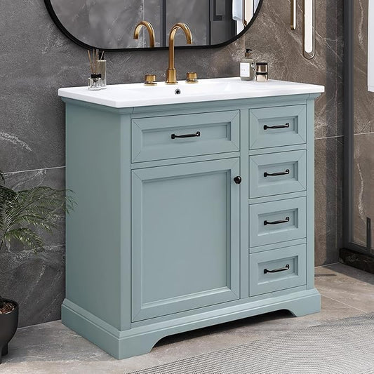Christopher Knight Home 36" Bathroom Vanity with Ceramic Sink, Wooden Bathroom Vanity Organizer, Bathroom Storage Cabinet, Pedestal Sink Storage Cabinet, Adjustable Door Shelves+Drawer, Green Grey