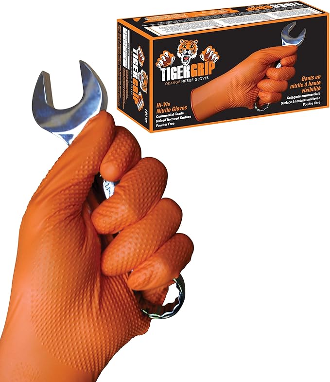 EPPCO TigerGrip 8-Mil Nitrile Glove Disposable Powder, Latex Free Textured Superior Grip Orange Gloves, XL, Box of 100