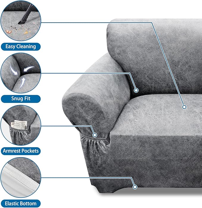 Oversized Sofa Slipcover Leather Look Couch Cover for 4 Seater Sofa 1-Piece Sofa Cover Stretch Furniture Protector with Elastic Bottom & Pockets(XL Sofa, Light Grey)
