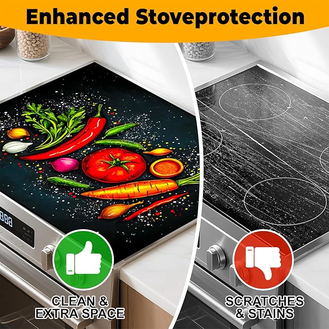 Stove Top Cover Flower Gas Stove Top Cover for Home Decoration Kitchen Pad Non-Stick Washable Cooktop Covers Countertop Protector Keep Stove Clean (Vegetable, 28L"x20W")