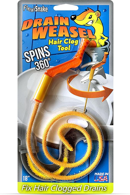 FlexiSnake Drain Weasel Sink Snake Hair Clog Remover Tool Kit, Sink, Pipe, Bathroom, Bathtub Drain Cleaner, 18-inch Long, Flexible, Made in The USA, 1 Wand and Removable Handle