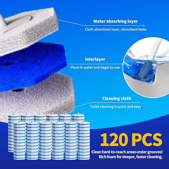 120pcs Bulk Pack of Disposable Toilet Brush Heads，Toilet Wand Refills for Toilet Bowl Brush Cleaner Pads,Toilet Brush Replacement Compatible Heads with Most Toilet Brushes