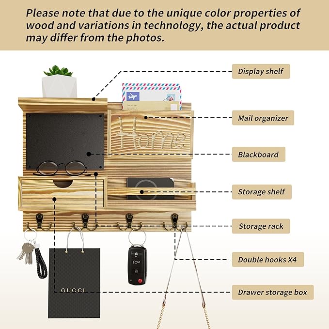 Farmhouse Key Holder for Wall with Mail Organizer - Easy Installation Wall Mount Organizer, Includes Chalkboard, Drawer, Wallet Holder & 4 Double Hooks, Ideal for Entryway, Quick Access - Light Brown