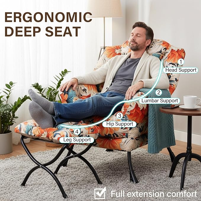 Welnow Lazy Chair with Ottoman, Modern Lounge Accent Chair with Armrests and a Side Pocket, Leisure Sofa Armchair Set, Reading Armchair with Footrest for Small Space, Orange Blue