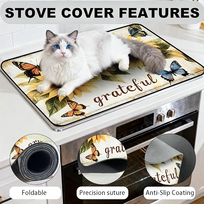 Glass Stove Top Covers for Electric Stove, Heat Resistant Counter Protector Mat, Non Slip Waterproof Surface Cover for Kitchen Counter and Cooktop (Sunflower Blessed, 28"L x 20"W)