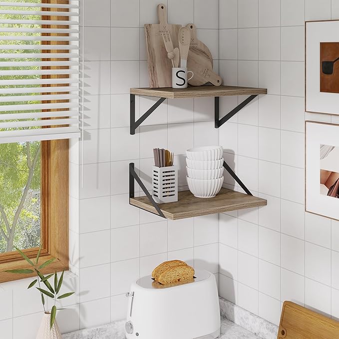 Deep Floating Shelves,16" Wx10 D Floating Shelves for Wall Set of 2,Heavy Duty Wood Floating Shelf with Metal Bracket,Wall Mounted Hanging Shelf for Living Room Bedroom Bathroom Kitchen,Grey