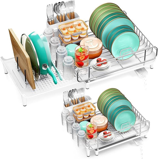 TOOLF Dish Drying Rack - Large Expandable Dish Rack for Kitchen Counter, Stainless Steel Dish Drainer for Kitchen Organization with Cutlery ＆ Cup Holder,White