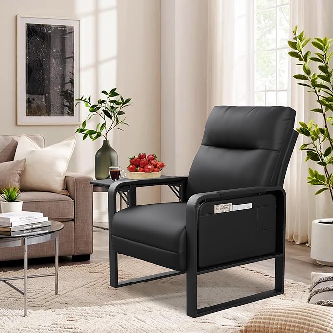 Modern Black Accent Chair PU Leather Upholstered Armchair with Tray Table for Bedroom Living Room Chairs Office Chair