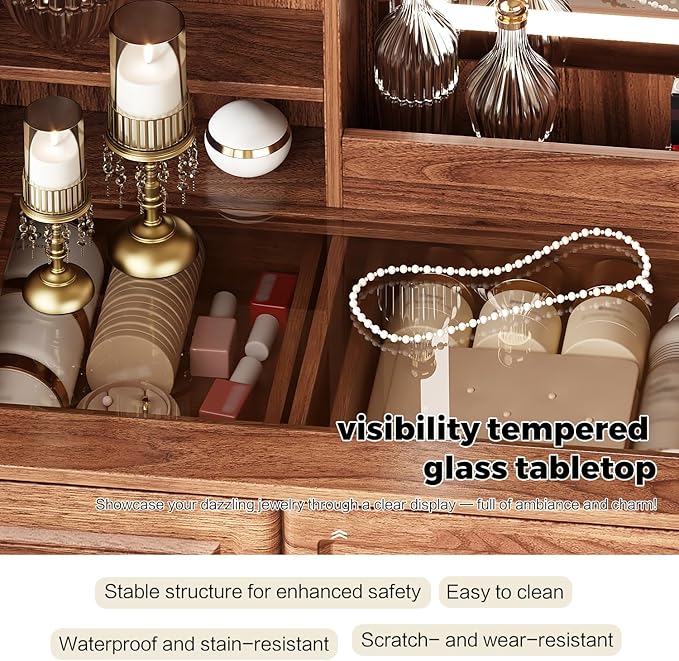 43" Makeup Vanity Desk with Mirror and Lights, & Power Outl, Glass Top Big Vanity Table with 9 Drawers& 8 Storage Shelves, Dressing Table Set with Chair for Bedroom, Walnut
