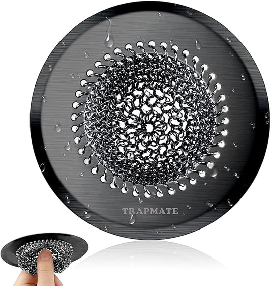 TRAPMATE Sink Drain Strainer, Reversible Chain Mesh Kitchen Sink Drain Strainer, Easy Clean 304 Stainless Steel Sink Strainer for Food Catcher Garbage Disposal, Black