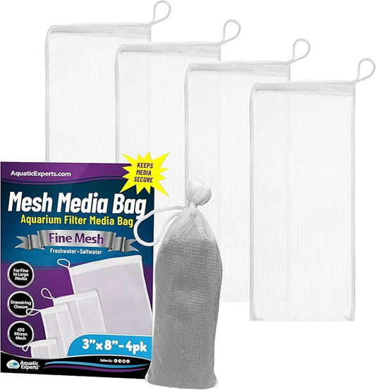 Aquatic Experts Fine Aquarium Media Bag, Durable Drawstring Bags for Fish Tank Filters, 450 Micron Mesh, (Fine, 3"x 8" - 4 Pack)