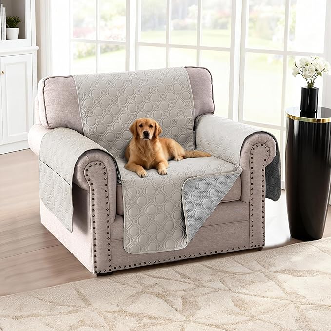 H.VERSAILTEX 100% Waterproof Chair Cover Thick Durable Couch Covers for Dogs Triple Non-Slip Furniture Protector Cover with Elastic Straps for Pet Cat(Chair, French Oak)