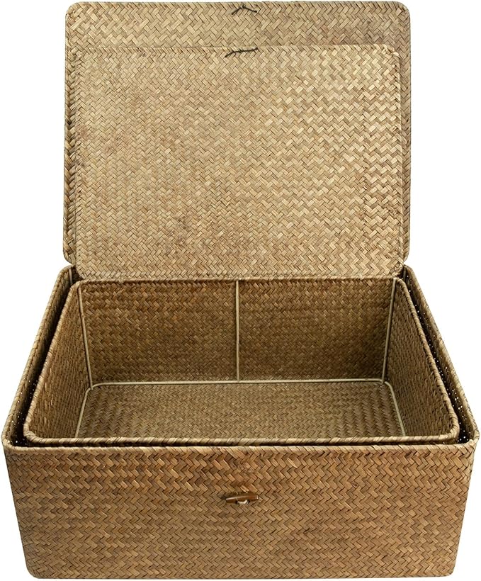 Shelf Storage Baskets with Lid, 2-Pack Wicker Storage Basket, Woven Seagrass Decorative Boxes, Coffee XXLarge+XXL
