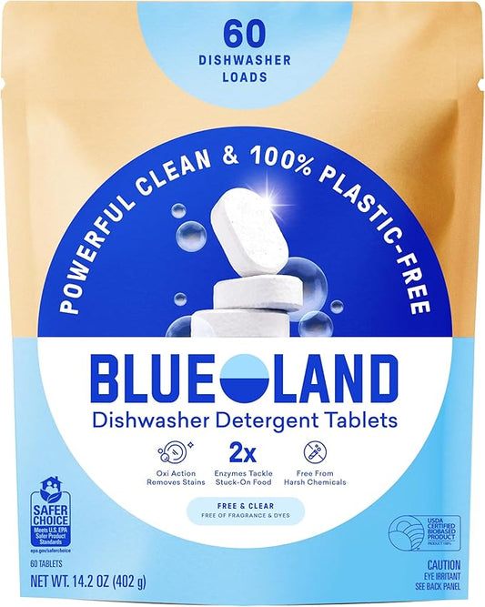 BLUELAND 100% Plastic-Free Dishwasher Detergent Tablets, 60 Count, Free & Clear, Eco-Friendly Dishwashing Pods, Natural, USDA Certified biobased