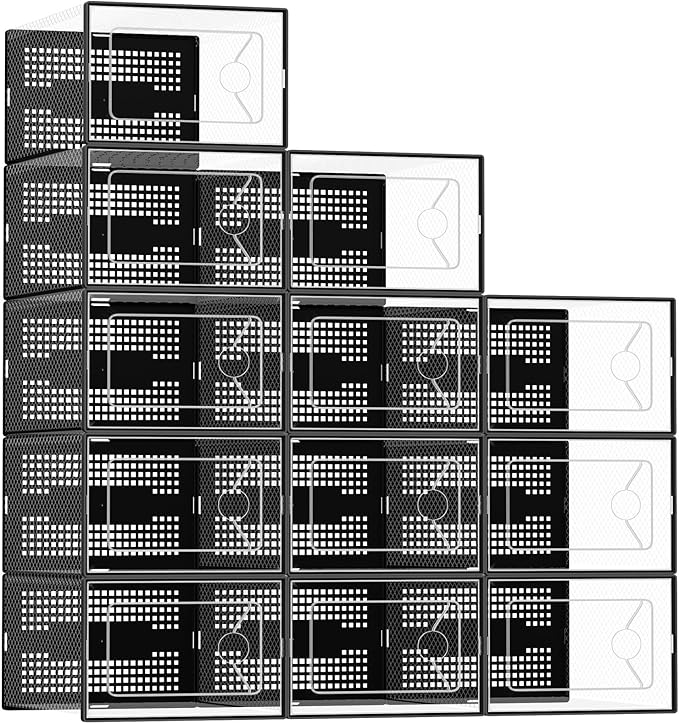DUMOS Clear Shoe Storage Boxes, 12-Pack Plastic Stackable Shoe Containers with Lids, Display Sneaker Case Organizer for Closet, Under Bed, Entryway,Black (Fit Size 11)