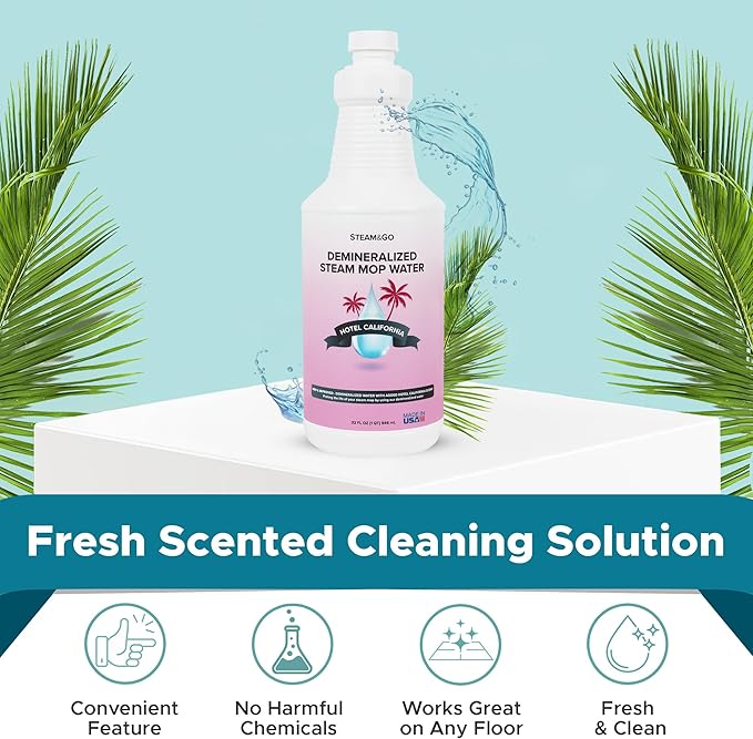 Steam & Go Deminerilized Water - Multi-Surface Cleaner for Steam Cleaners, Hardwood Floors, Kitchens, & Bathrooms - Germ-Killing Formula - Hotel California Scent - 32 Ounces (Pack of 1)
