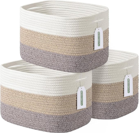 Cotton Rope Storage Basket, 15x10x9 Inches, Woven Basket for Shelves, Clothes, Towels, Books, and Laundry, White Brown (3 Pack)