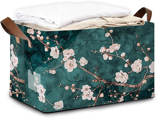 Plum Blossom Storage Bin with Handles, Basket Storage Organizer for Shelves, Closet, Nursery, Book, Laundry Hamper & Home Decor