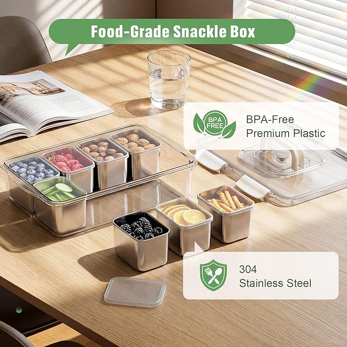 Snackle Box Container, 304 Stainless Steel Divided Serving Tray with Lid and Handle, Portable 4 Compartments Veggie Tray for Fruits,Veggies,Nuts &Candy, Dishwasher Safe for Travel,Picnic,Beach&Parties