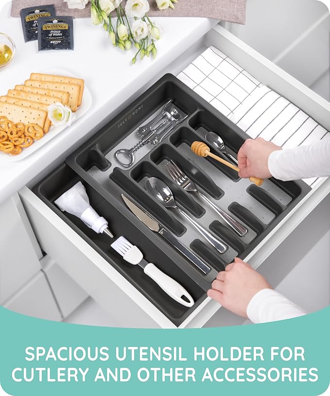 JULY HOME Expandable Kitchen Drawer Organizer - Plastic Flatware Utensil Holder Cutlery Tray Multipurpose Organizer,Tip-Out Trays