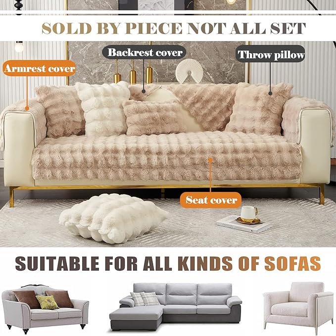 Soft Warm Faux Fur Couch Sofa Cover Thick Shaggy Fuzzy Sectional Couch Cover Non-Slip Solid Color Plush Sofa Slipcover Furniture Protector for Kids, Pets (Light Brown,36"x47")