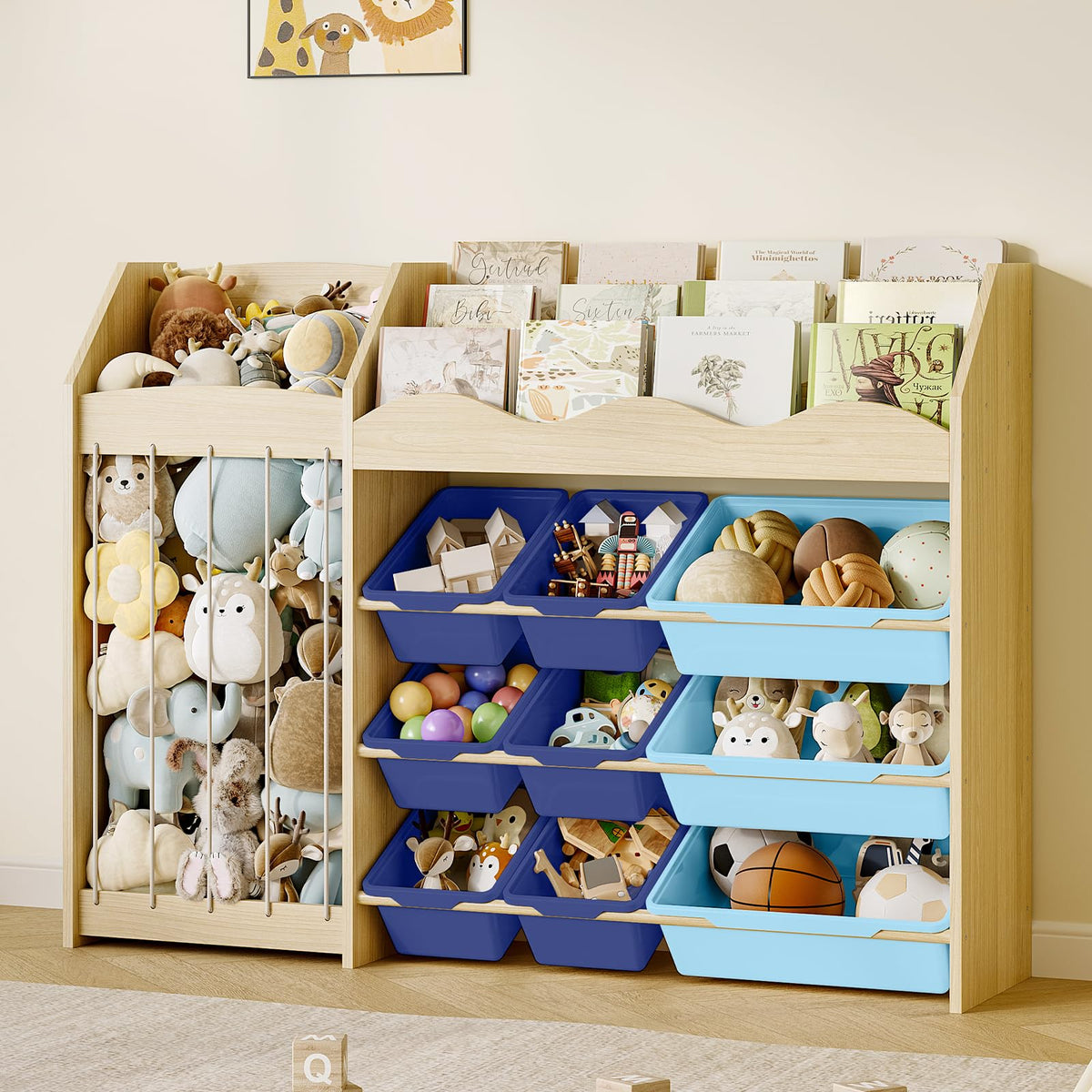 Kids Toy Organizer, Scalloped Shelf, Plush Holder, 12 Blue Bins - Image 1