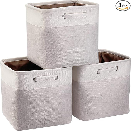 3 Pack 13x13x13 Storage Cube Bins with Handles, Beige Fabric Storage Baskets Heavy Duty Foldable - Cloth Organizer Bins for Closet, Shelf, Office (13 Inch Cube Storage Bins)