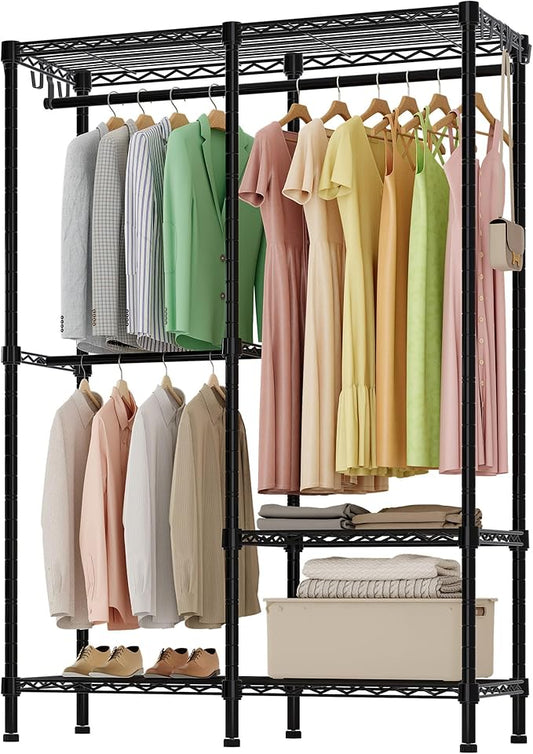 H18 Garment Rack for Hanging Clothes, 3 Tiers Portable Closet with 2 Hanger Rods, Freestanding Clothes Rack, 44.9" W x 14.6" D x 76.4" H, Max Load 600lbs, Black