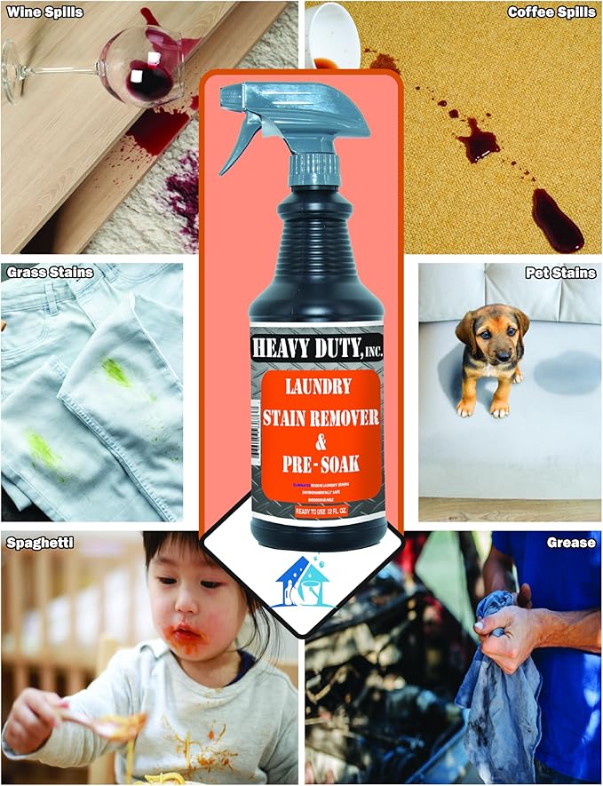 Heavy Duty Laundry Stain Remover & Pre-Soak Spray - 32 fl oz - Industrial Strength Fabric Spot Cleaner - Removes Oil, Blood, Urine, Pet, Grass, Sweat - Pre-Wash Treatment - Color Safe, Non-Bleach