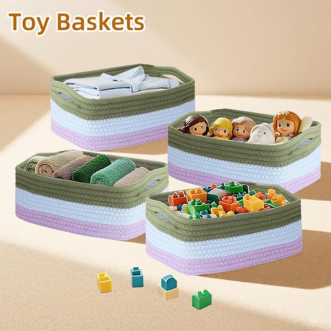 4 Pack Storage Baskets for Organizing, Small Storage Bins for Shelves, Woven Cotton Rope Baskets with Handles, Organizer Baskets for Gifts Empty, 12''Lx8''Wx4.5''H (Rainbow)
