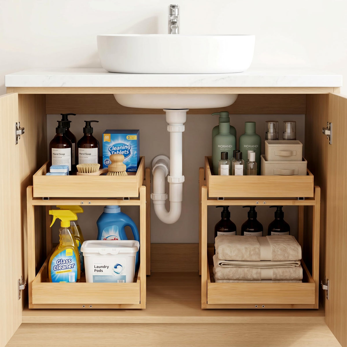 Bamboo Under Sink Storage 2 Tier Pull Out Cabinet Organizer - Image 1